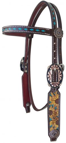 Showman Argentina cow leather brow band headstall with hand painted sunflowers and turquoise buckstitch
